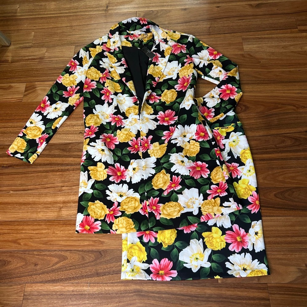 Tahari Floral Skirt Suit Set Womens Medium NWT Black Yellow Pink duster jacket